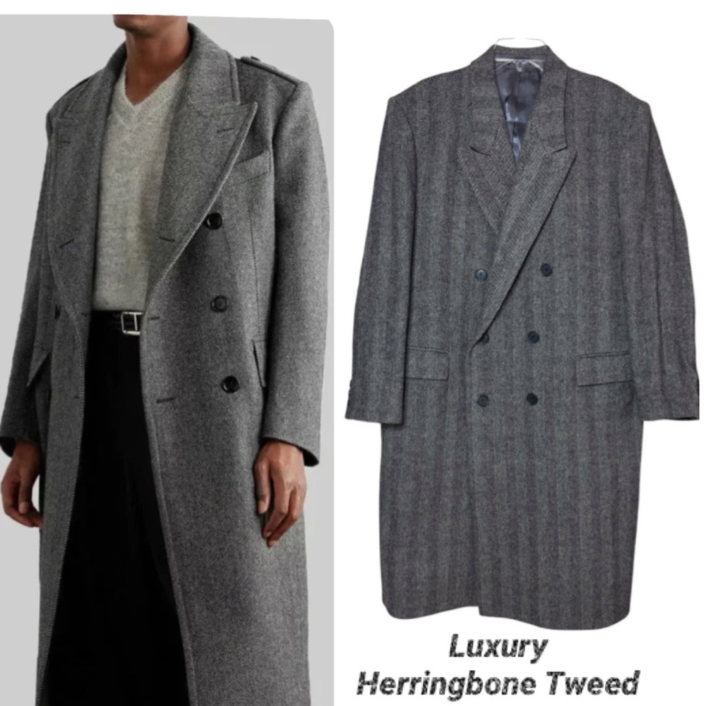 Vintage Tweed Overcoat Luxury Wool Trench Pea Coat Black Gray Large XL Size 44